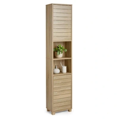 Image of VonHaus Tall Bathroom Cabinet Oak Wood Effect Tallboy w/Slatted Design Storage w/ 2 Handleless Cupboard Doors, 5 Internal &amp; Open Shelves for Kitchen Hallway Chester