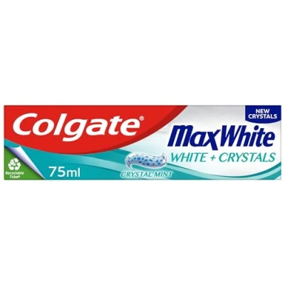 Image of Colgate Max White + Crystals Toothpaste 75ml, teeth whitening toothpaste, restores natural whiteness, 10x longer lasting cooling than regular fluoride fights cavities