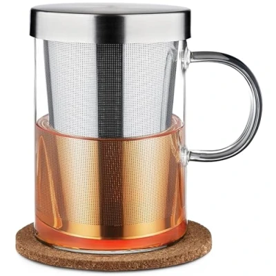 Image of Cosumy Tea Cup with Infuser and Lid Glass Large Mug in Borosilicate Natural Cork Coaster Fine Mesh Filter 400ml