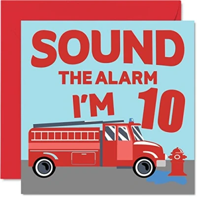 Image of 10th Birthday Card Boy Fire Engine Happy 10 Year Old Boy, Boys Cards for Him, 145mm x Greeting Son, Brother, Grandson, Nephew, Cousin, God Tenth