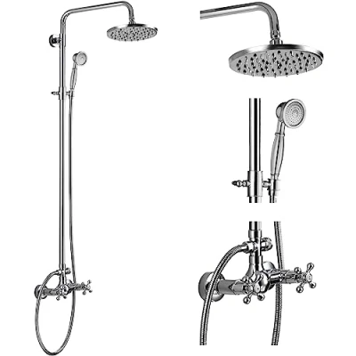 Image of gotonovo Exposed Bathroom Shower Faucet Set Fixture 8 Inch Rainfall Head Handheld Cross Handle Wall Mount 2 Functions Polished Chrome