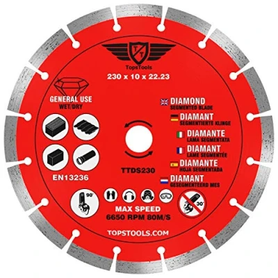 Image of 1 x TopsTools TTDS230 230mm (9&quot;) 10mm 22.23mm Bore Segmented Diamond Angle Grinder Circular Saw Blade Compatible with Bosch Dewalt Makita Milwaukee and Many Others