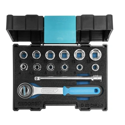 Image of GEDORE 14 piece Socket spanner set, Bi hex, 1/4&quot;, 4 13 mm, Tool, Ratchet with lever reverse, for carmotive, D20 DMU 3