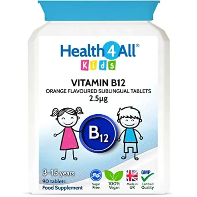 Image of Kids Vitamin B12 2.5mcg Sublingual 90 Tablets (V) Vegan Methylcobalamin Chewable for Children. Orange Flavoured. Made in The UK by Health4All