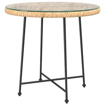 Image of vidaXL Round Dining Table with Tempered Glass Top and Steel Frame UV Resistant Outdoor Bistro Rattan Look Design Brown