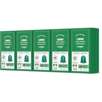 Image of by Amazon Lungo Aluminium Coffee Pods Compatible with Nespresso, Medium Roast, 100 Count (5 Packs of 20) Rainforest Alliance Certified