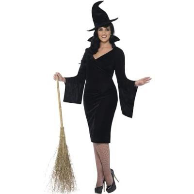 Image of Smiffys Curves Witch Costume, Black with Dress &amp; Hat, Halloween Adult Fancy Dress, Up Costumes