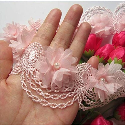 Image of Qiuda 1 Yard Flower Pearl Lace Edge Trim Ribbon 6 cm Width Vintage Style Pink Edging Trimmings Fabric Embroidered Applique Sewing Craft Wedding Bridal Dress Embellishment DIY Decor Clothes Embroidery
