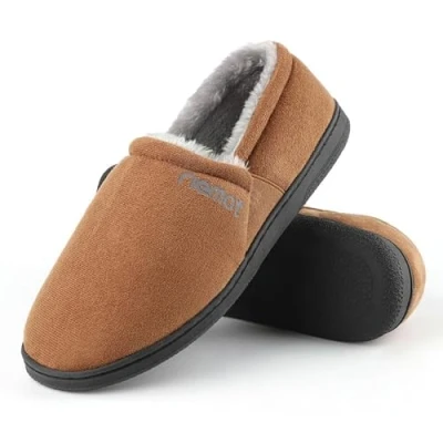 Image of riemot Men&#039;s Cozy Memory Foam Slippers with Fleece Lining, Anti Slip Indoor Outdoor Rubber Sole Dual Side Elastic Bandage Brown 47EU