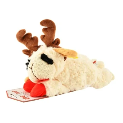 Image of MULTIPET Holiday Lamb Chop with Reindeer Antlers Plush Dog Toy (10.5&quot; Laying Lamb),All Breed Sizes