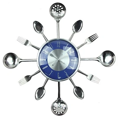 Image of Timelike Wall Clock, 18&quot; Metal Cutlery Utensil Kitchen Spoon Fork Clock Creative Modern Home Decor Antique Style Watch (Blue)