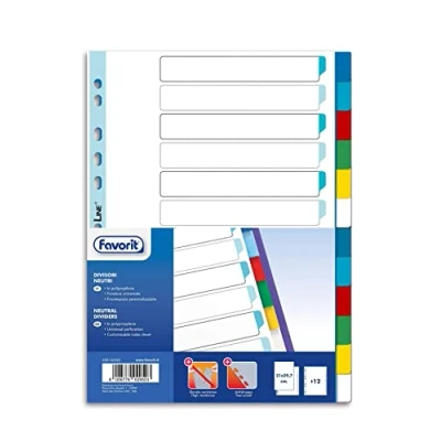 Image of Favorit Universal Hole Dividers for Ring Binders with 12 Coloured Neutral Notes, Polypropylene (Non Toxic Plastic) Formato Interno A4