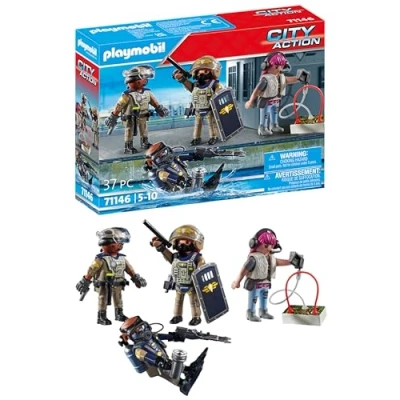 Image of Playmobil 71146 City Action Tactical Police Team, including SWAT divers, a task force and villain, fun imaginative role play, playset suitable for children ages 5+