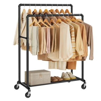 Image of SONGMICS Clothes Rail, Rack, Coat Stand with Double 100 cm Long Hanging Rails, Metal Frame, Wheels and Storage Shelf, 2 Castors Brakes, Maximum Load of 90 kg, Black HSR60B