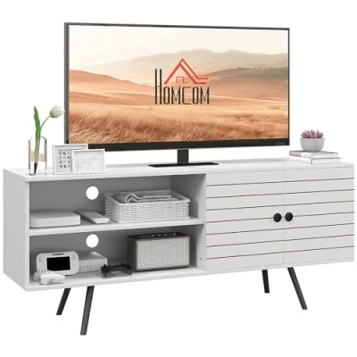 Image of HOMCOM TV Stand Cabinet for 65 Inch TVs, Unit with Open Shelves, Soft close Door and Cable Holes, Entertainment Living Room, White