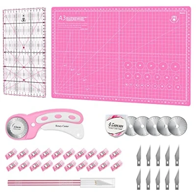 Image of Rotary Cutter Set Pink Quilting Kit incl. 45mm Fabric Cutter, 5 Extra Blades, A3 Self Healing Cutting Mat, Acrylic Ruler and craft Clips, knife, Ideal for Crafting, Sewing, Patchworking