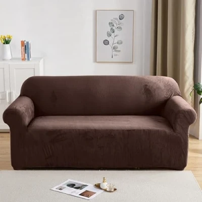 Image of PETCUTE Elastic sofa covers 3 Seater slipcovers velvet thick Brown