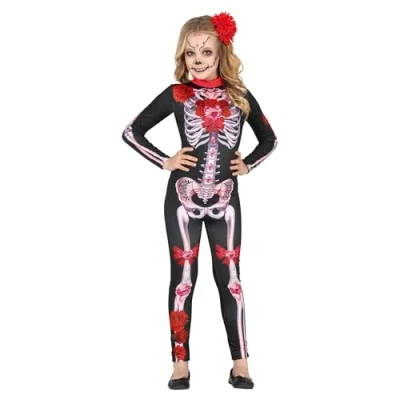 Image of FIESTAS GUIRCA Day of the Dead Fancy Dress Costume Long Jumpsuit with cool Skeleton, Flowers and Jewels Print for Girls 7 9 Years