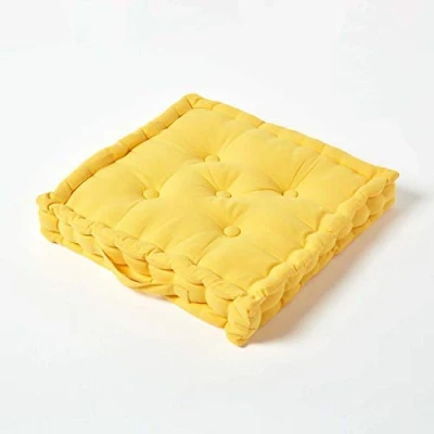 Image of HOMESCAPES Plain Yellow 100% Cotton Large Floor Cushion Bright Cheerful Sunshine 50 x 10 cm Square Indoor Garden Dining Chair Booster Seat Pad