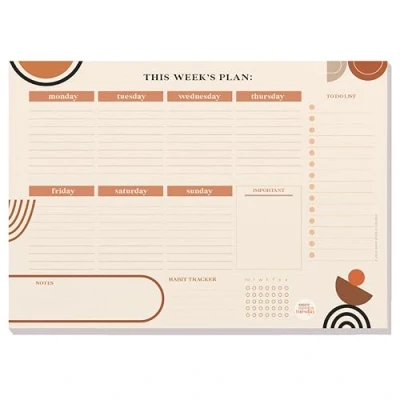 Image of A4 Weekly Planner Pad Abstract Boho Design, 52 Tear away Pages With Habit Tracker, To Do List, Important Notes 100% Recycled and Recyclable Paper UK Made Good Tuesday