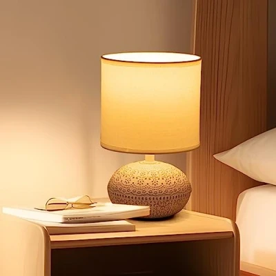 Image of Aigostar Table Lamp for Living Room, Beside with Linen Lampshade, On Off Switch, Modern Ceramic Bedroom, Bed Side Reading, E14 Lamps Study, Office