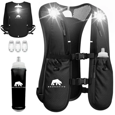 Image of Bearactive LED Running Vest with Lights, 500ml Bottle and Whistle Lightweight Reflective Hydration Vest, 3 Adjustable Straps Women &amp; Men (Black Battery)
