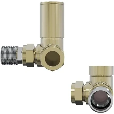 Image of WarmeHaus 15mm Round Head Corner Radiator Valves Angled Towel Rail Valve + Lockshield Brushed Brass