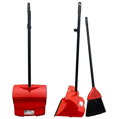 Image of Red Long Handled Dustpan and Brush Set Self Closing Lid Large Dustpan, Sweeping Indoor Broom Both with Strong Metal Handle Cleaning