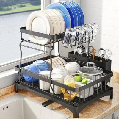 Image of SAYZH Dish Drainer Rack, Detachable 2 Tier Draining Rack and Drain board Set, Large Capacity Organizer Shelf with Utensil Holder, Cup for Kitchen Counter, Black