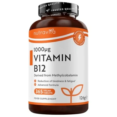 Image of Vitamin B12 1000mcg 365 High Strength Vegan Tablets (1 Year Supply) Max Supplement Contributes to The Reduction of Tiredness and Fatigue Made in UK by Nutravita
