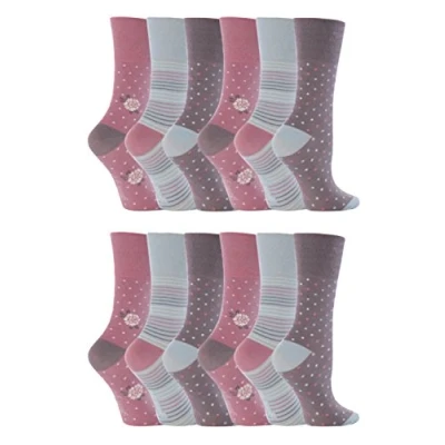 Image of Gentle Grip 12 pack ladies patterned wide top socks in 20 styles (GG01)