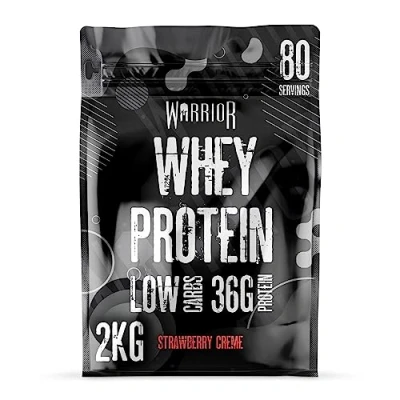 Image of Warrior Whey Protein Powder Up to 36g* of Per Shake Low Sugar, and Carbs GMP Certified (Strawberry Crème, 2kg)