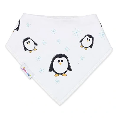Image of Dotty Fish Baby Bandana Bibs. Drool Super Absorbent Teething Bib. Percy Penguin on White. Organic Cotton