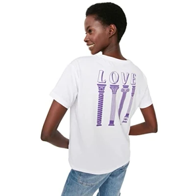 Image of Trendyol Women&#039;s Woman Regular Standard Crew Neck Knit T shirt Shirt, White, XS UK