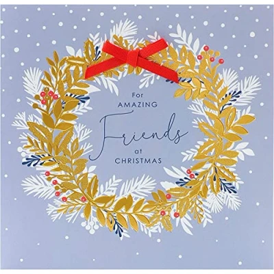 Image of UK Greetings Christmas Card for Friends Gold Wreath Design