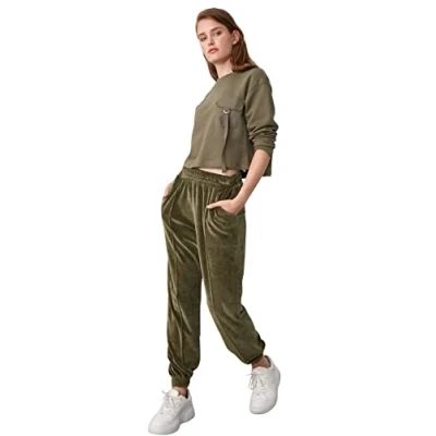 Image of Trendyol Women Plus Size Normal Waist Elastic Cuff Loose Jogger Tracksuit Bottoms Khaki