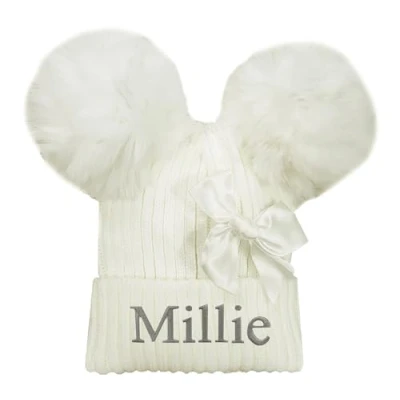 Image of JJLC Personalised Baby Girl Pom Bow Hat Knitted Bobble (One Size, White)