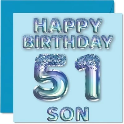 Image of 51st Birthday Card for Son Blue Glitter Party Balloons Happy Cards 51 Year Old from Mum Dad Parents, 145mm x Bday Greeting Gift