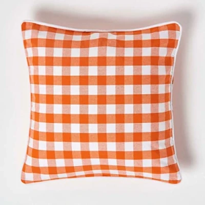 Image of HOMESCAPES Orange and White Gingham Cushion Cover 45 x cm (18 18) Block Check Pattern 100% Cotton Decorative Square