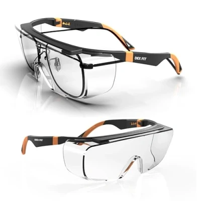 Image of DEX Fit Safety Over Glasses SG210 OTG; Your Eyewear, Z87 Eye Protection, Fog &amp; Scratch Resistant, Adjustable for Women Men, UV Protective (Black Orange Frame, Clear Lens)