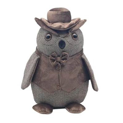 Image of Lesser &amp; Pavey Herringbone Weighted Animal Doorstop Dressed in Brown Velour Suit Owl Design