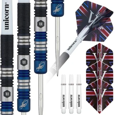 Image of Unicorn Darts Set James &#039;The Machine&#039; Wade 90% Tungsten Barrels with Two Tone Blue &amp; Black Titanium Coatings Steel Tip Volute Points 25 g