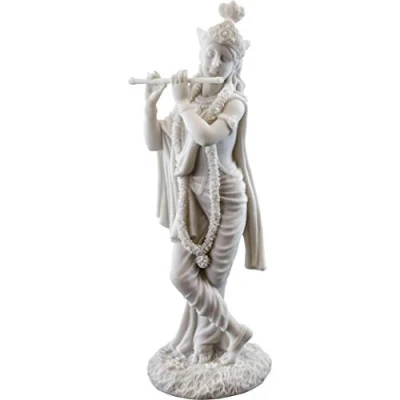 Image of Top Collection 10&quot; Krishna Statue in White Marble Finish Hindu God of Love and Divine Joy Sculpture