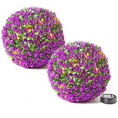 Image of Taylor &amp; Brown 28cm Solar Powered 20 LED Rose Artificial Topiary Ball Hanging Ornament Boxwood Garden Ultra Bright Light Decorative Two Functions (2 Pack, Purple)