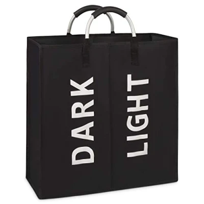 Image of Vinsani Colour Light Dark 2 Sections Laundry Hamper Collapsible Bag Foldable Cloth Basket Portable Storage Bin with Carry Handles for Bathroom Bedroom, Black