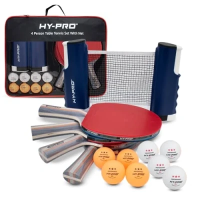 Image of Hy Pro Portable Table Tennis Set With Retractable Net up to 170cm, 4 Bats, 8 Balls, Carry case, 3 Star For Kids and Adults, Indoor, Outdoor, Ping Pong