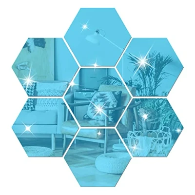 Image of NAILDOKI DIY Wall Decals Acrylic Mirror Sticker Set 12 Pcs, Hexagon Stickers for Living Room Bedroom Decor (Blue)