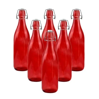 Image of simpa 1 Litre Traditional Vintage Style Glass Bottles with Swing Top Lids Set of 6 Red Bottles.