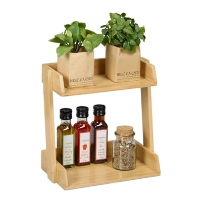 Image of Relaxdays Spice Rack, Bamboo, 2 Levels for Jars and Bottles, Kitchen Stand, HWD: 27 x 27.5 16 cm, Organiser, Natural