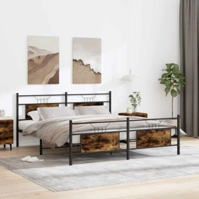 Image of vidaXL Metal Bed Frame without Mattress Smoked Oak/Black Double with Headboard and Storage Space
